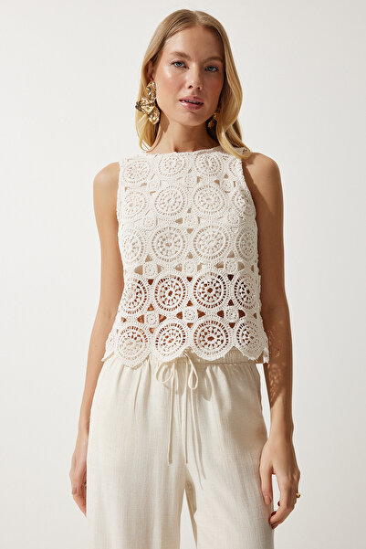 Happiness İstanbul Női krémszínű csipke vászonblúz TP00035