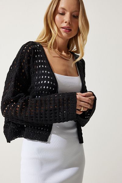 Happiness İstanbul Women's Black Perforated Laced Seasonal Knitwear Cardigan CI00105