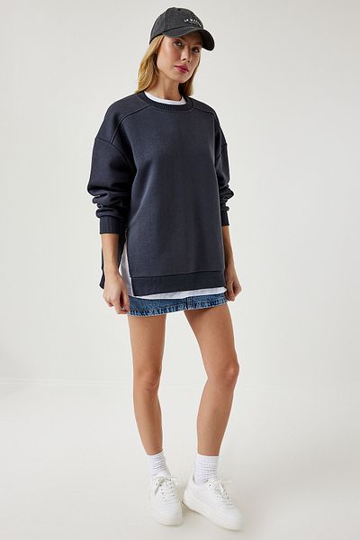 Happiness İstanbul Anthrazitfarbenes Damen-Sweatshirt aus Strick mit Reißverschluss und Reliefmuster UB00148