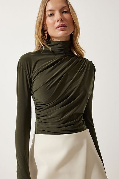 Happiness İstanbul Khakifarbene Sandy Bluse mit Stehkragen und Kordelzug für Damen FF00135