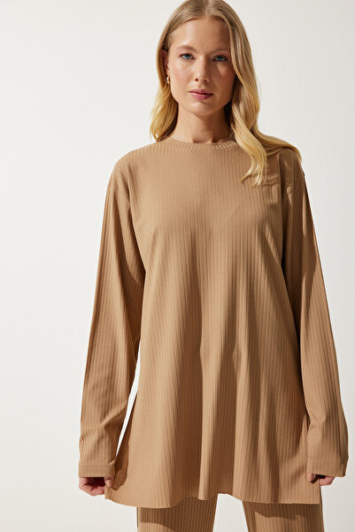 Happiness İstanbul Damen-Set mit schnurgebundener Strickbluse und Hose in Biscuit KH00088