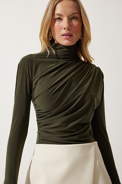Happiness İstanbul Khakifarbene Sandy Bluse mit Stehkragen und Kordelzug für Damen FF00135