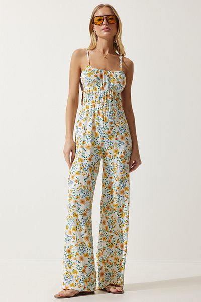 Happiness İstanbul Women's Ecru Yellow Window Detailed Patterned Knitted Jumpsuit UB00245