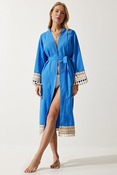 Happiness İstanbul Dámské modré střapec Guipure Detailed Long Linen Kimono OH00042