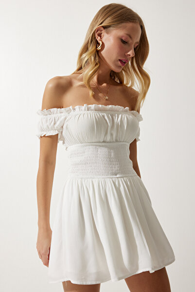 Happiness İstanbul Női Ecru Carmen galléros mini szőtt jumpsuit ruha UB00263