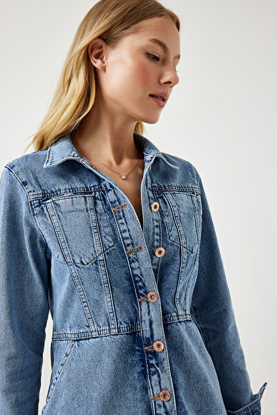 Happiness İstanbul Női világoskék zsebes mini farmer ruha RV00165