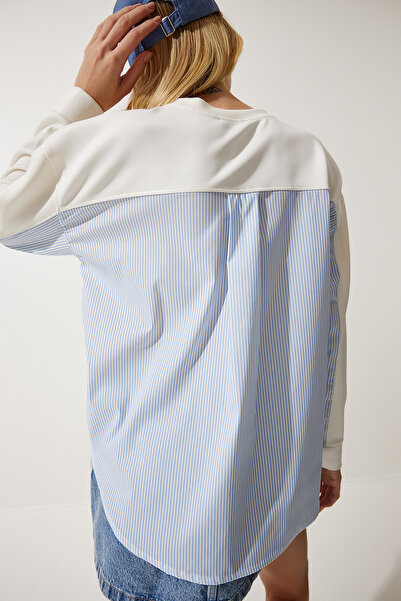 Happiness İstanbul Dámska detailne pletená mikina Ecru Blue Poplin MC00274