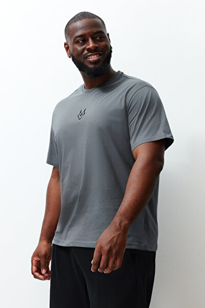 Trendyol Collection Plus Size Anthracite Regular/Normal Fit Embroidery 100% Cotton T-Shirt Tmnss24Bf00045