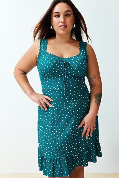 Trendyol Curve Polka Dot Print Detail mašličky Flounces A-Line Mini pletené letní šaty - Tbbss24Ah00127