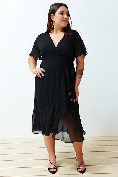 Trendyol Curve Black Double-breasted Skirt Flounce Woven Dress TBBSS24AH00032