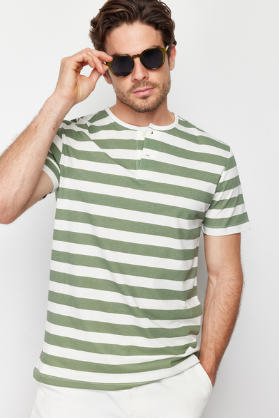 Trendyol Collection Gray Striped 100% Cotton T-Shirt - Button Collar, Regular Fit TMNSS24TS00080