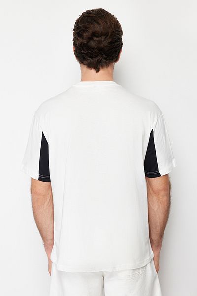 Trendyol Collection Color Blocked Ecru Oversize bavlněné tričko - Tmnss24Ts00068