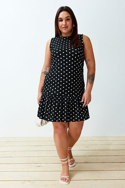 Trendyol Curve Stretchy Knitted - Flounces Zero Sleeve Black Mini Dress Plus Size Tbbss24Ah00131