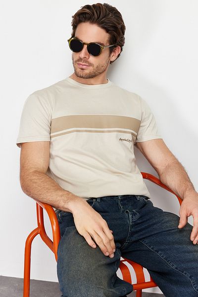 Trendyol Collection Gestreiftes bedrucktes Kurzarm-T-Shirt aus 100 % Baumwolle – Rundhalsausschnitt TMNSS24TS00059