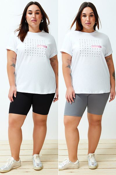 Trendyol Curve Magas derekú fekete-szürke motoros leggings - rövid kordbársony, nagy méretű TBBSS24BV00000