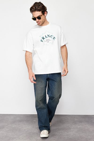Trendyol Collection Country Printed Ecru Oversize Cotton T-Shirt - TMNSS24TS00030