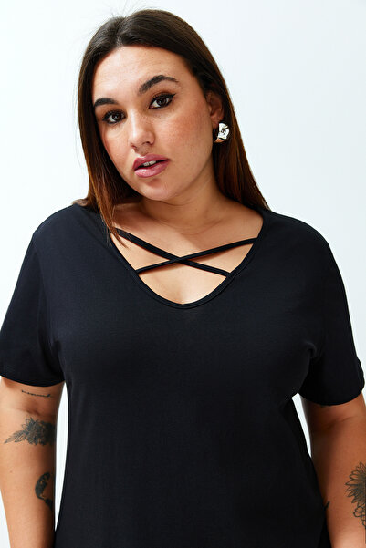 Trendyol Curve Μαύρο σταυρωτό σχοινί με λεπτομέρεια Midi 100% βαμβακερό πλεκτό φόρεμα TBBSS24AH00165