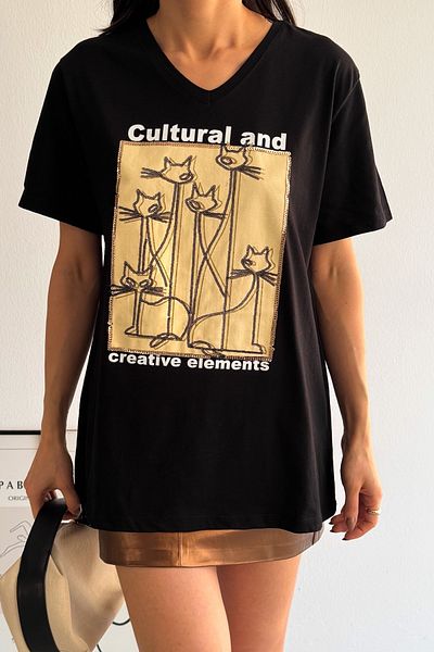 FEMELLE Tricou de damă, alb, cu decolteu în V, de dimensiuni mari, cu paiete de pisică, brodat cu paiete, 100% bumbac