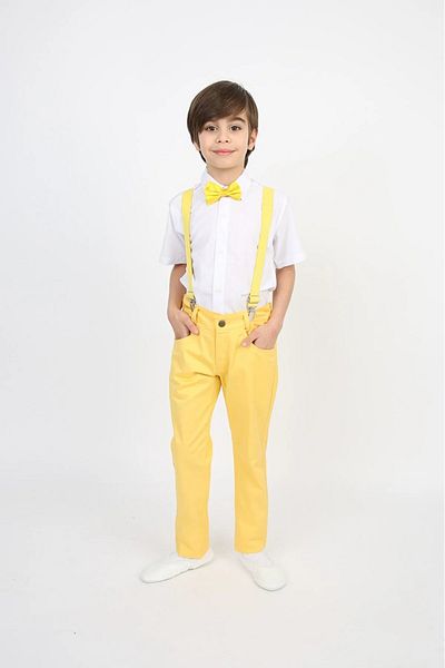 NOBLE STORE Boy April 23 Outfit Costume Pants Short Sleeve Shirt Tie Yellow White Set 0024