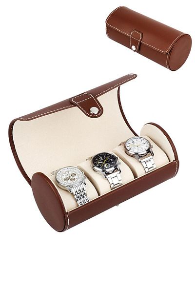 Chavin 3-Piece Leather Brown Cylindrical Organizer Travel Watch and Glasses Box st1-70khv