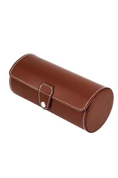 Chavin 3-Piece Leather Brown Cylindrical Organizer Travel Watch and Glasses Box st1-70khv