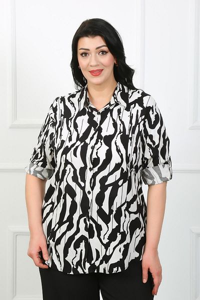 By Alba Collection Women's White Patterned Cotton Viscose Large Size Shirt