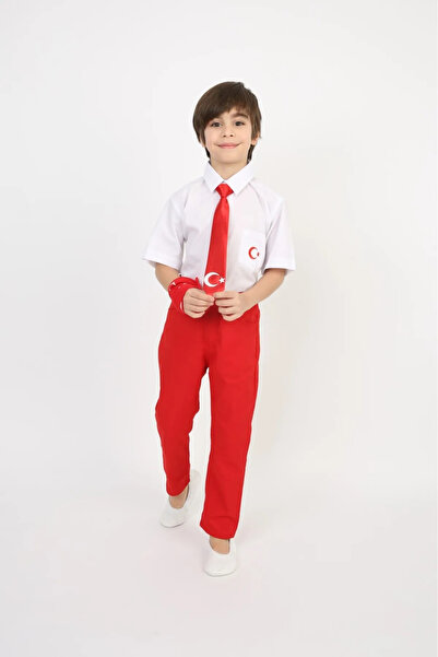 NOBLE STORE Erkek Çocuk 23 Nisan Kıyafeti Kostüm Pantolon Kısa Kol Gömlek Kravat Beyaz Takım 0024