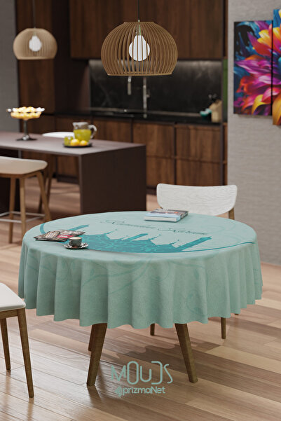 Moud's مفرش طاولة دائري من قماش الغزال بتصميم صورة ظلية لمسجد رمضان باللون الفيروزي