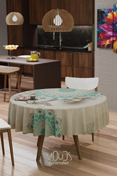 Moud's مفرش طاولة دائري من قماش سويدي منقوش عرقيًا باللون الفيروزي الرمادي