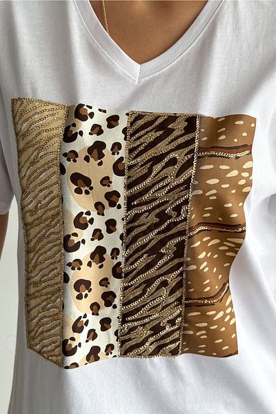 FEMELLE Tricou de damă, alb, cu decolteu în V, dimensiuni mari, cu paiete leopard, brodat cu paiete, 100% bumbac