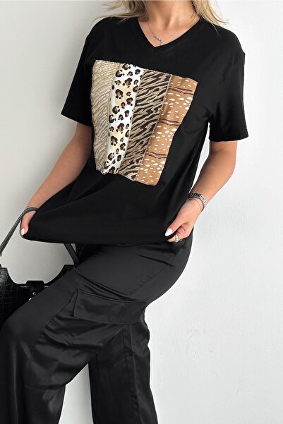 FEMELLE Women's Black V-Neck Large Size Leopard Sequin Sequin Embroidered 100% Cotton Large Size T-Shirt