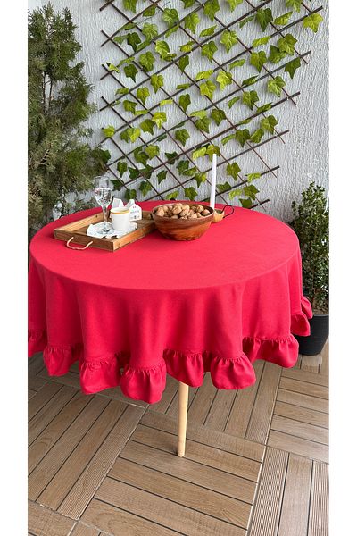 Decamor home Soft Fabric Red Frilly Vintage Round Carefree Tablecloth