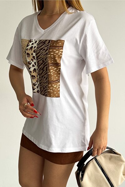 FEMELLE Women's White V-Neck Large Size Leopard Sequin Sequin Embroidered 100% Cotton Large Size T-Shirt