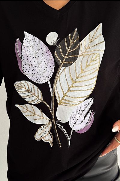 FEMELLE Tricou de damă, negru, cu decolteu în V, mărime mare, frunze, paiete, brodat cu paiete, 100% bumbac