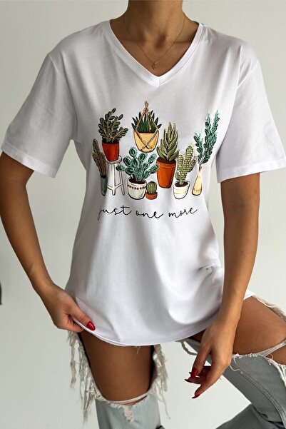 FEMELLE Damska biała koszulka z dekoltem w kształcie litery V, duży rozmiar, kaktus, cekin, cekin, haftowana, 100% bawełna, duży T-Shirt