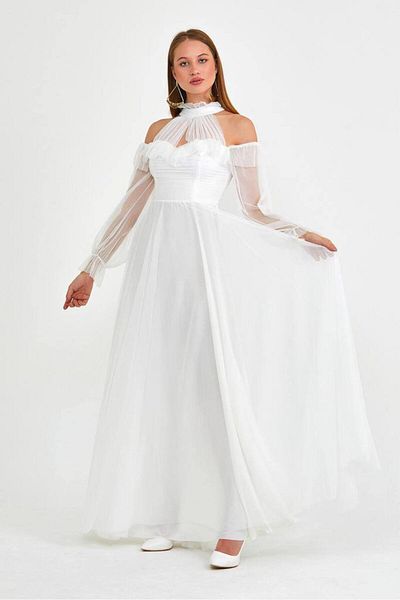 Neşeli Butik γυναικείο μακρύ βραδινό φόρεμα με λευκό τούλι NBSWLL07