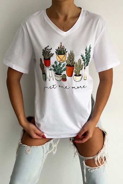FEMELLE Women's White V-Neck Large Size Cactus Sequin Sequin Embroidered 100% Cotton Large Size T-Shirt
