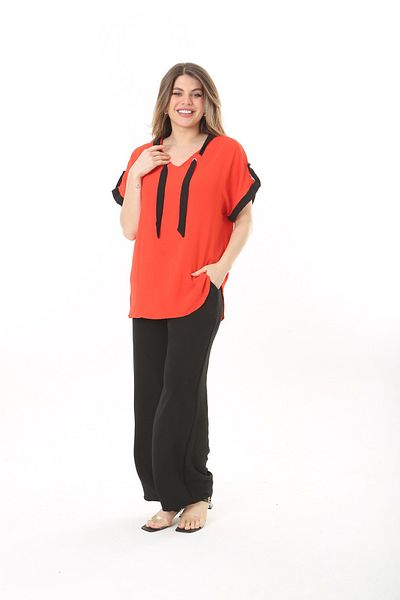 xlargebutik LARGE SIZE CLOTHING RED LYCRAPHY AYROBIN FABRIC SET