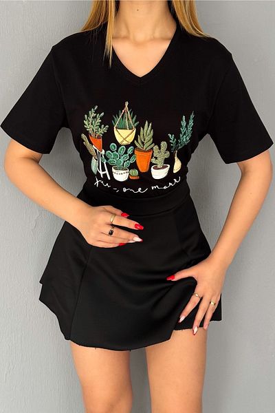 FEMELLE Tricou de damă, negru, cu decolteu în V, mărime mare, cactus, cu paiete, brodat cu paiete, 100% bumbac.