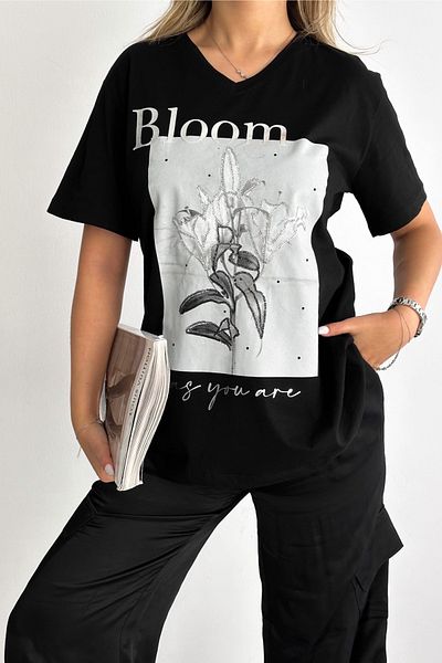 FEMELLE Tricou de damă, negru, cu decolteu în V, dimensiune mare, cu paiete, brodat cu paiete, 100% bumbac