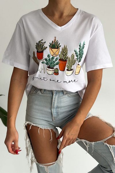 FEMELLE Women's White V-Neck Large Size Cactus Sequin Sequin Embroidered 100% Cotton Large Size T-Shirt