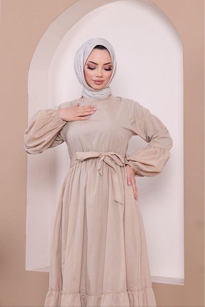 moda periy women's modest basic style summer cotton Balloon Sleeve Ruffle Hijab Dress