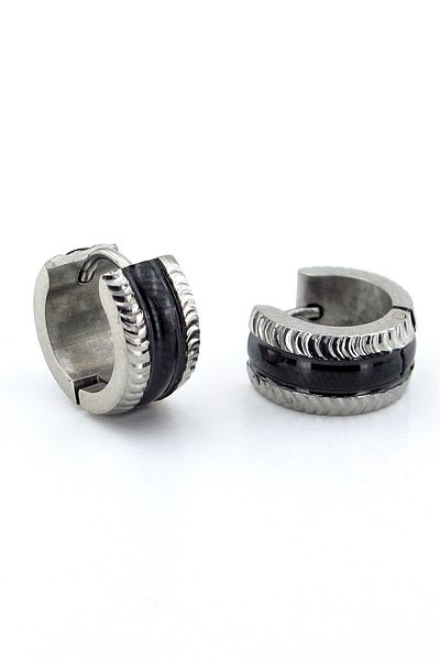 Solfera Black Silver Striped Color Stainless Steel Women Men Hoop Earrings ER055