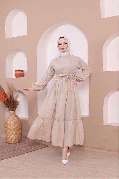moda periy women's modest basic style summer cotton Balloon Sleeve Ruffle Hijab Dress