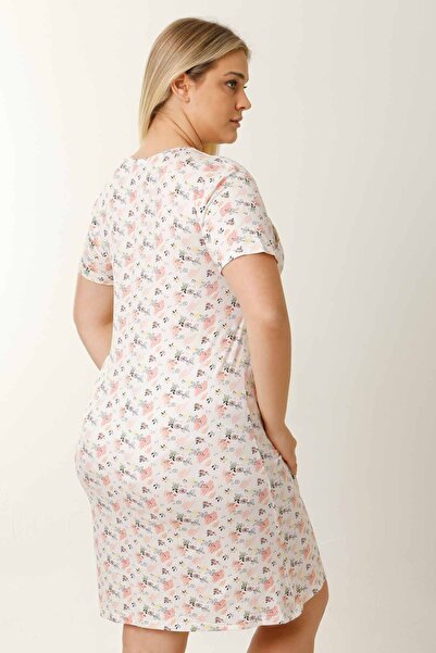 MS HAMİLE İÇ GİYİM HG0060 Model Flower Patterned Short Sleeve Maternity Nursing Nightgown - Ecru