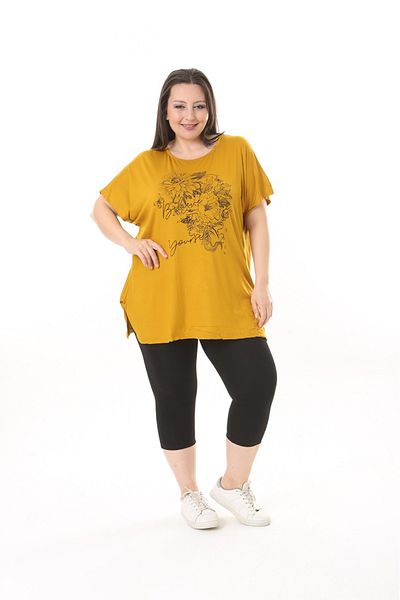 xlargebutik Yellow Floral Printed Large Size Clothing Buluz