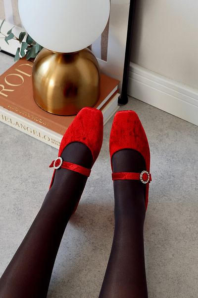 POLKA STORE Velvet Velvet Closed Back Single Band Square Toe Women's Ballerina Shoes with Helmet Mary Jane