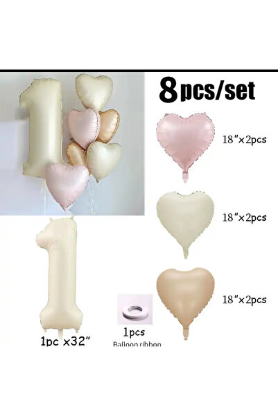 Partifabrik Krem Şampanya Pembe Saten Folyo Kalp Balon Seti 7 Parça