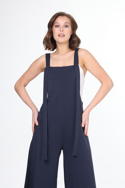 MJORA Navy Blue Knitted Cotton Strappy Salopet Jumpsuit