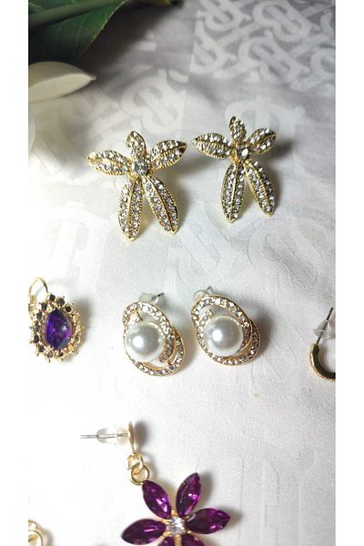 RSB Bijuteri Bracelets, Pearl Earrings, Zircon and Pearl Jewelled Earrings, Ring, Gift Package of 10 Pieces in a Set
